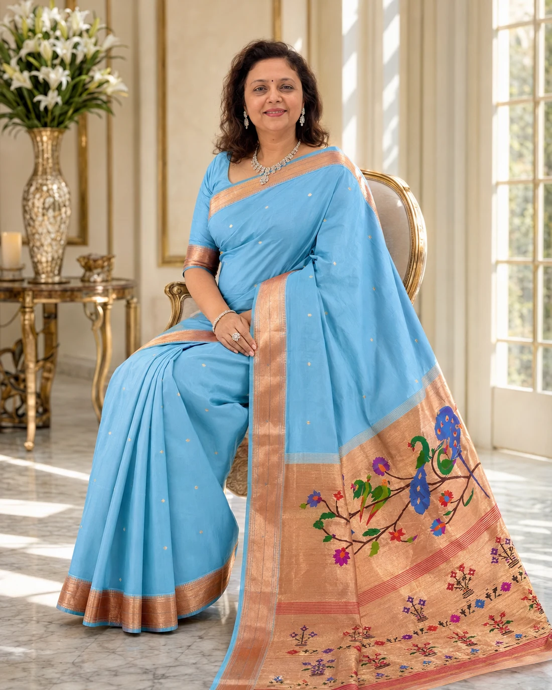 Shweta Bobde, founder of Kulswamini Paithani, in a sky-blue handwoven Paithani
