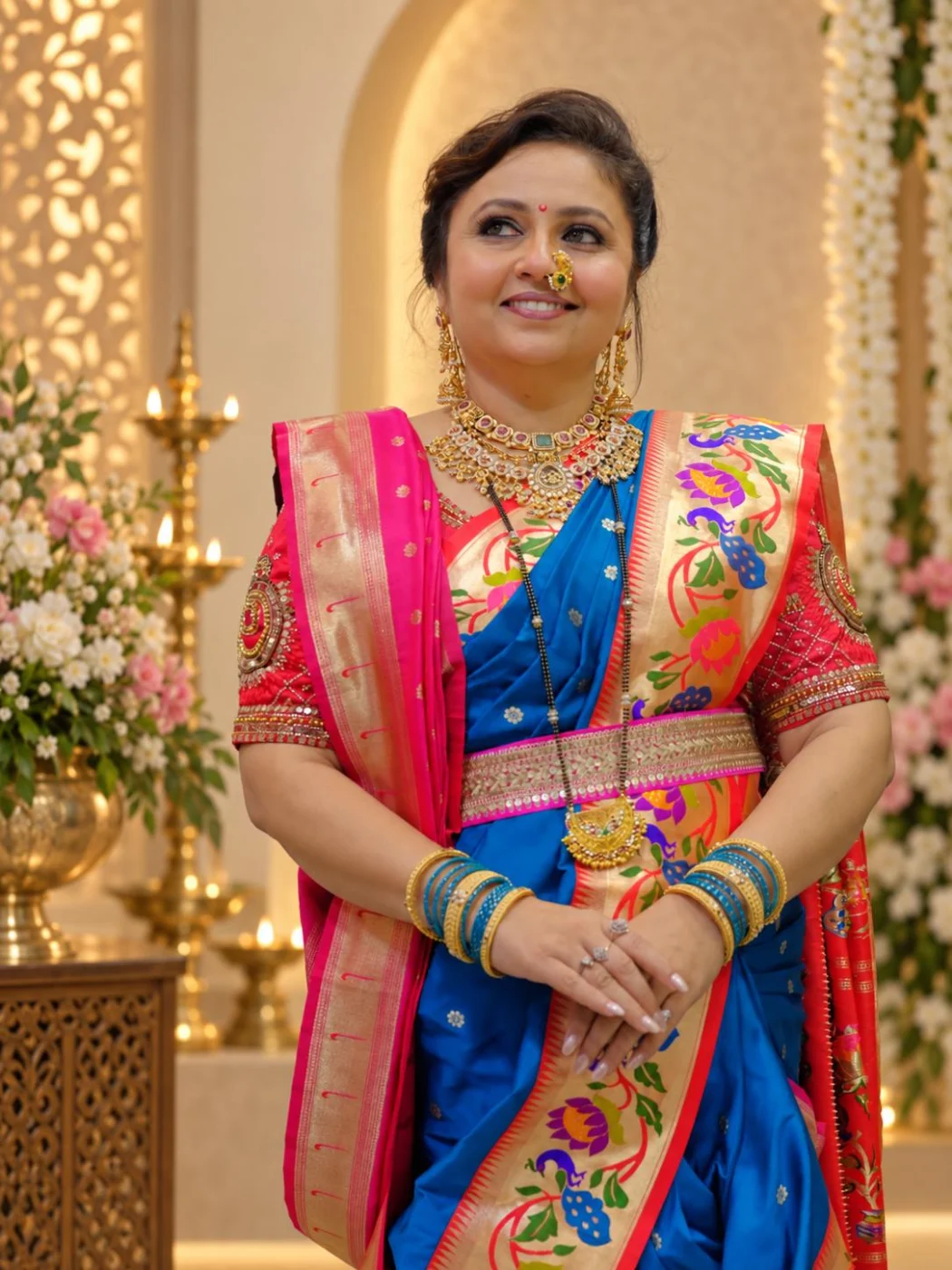 Shweta Bobde in the Kulswamini Paithani heritage gallery, surrounded by framed handwoven Paithani sarees