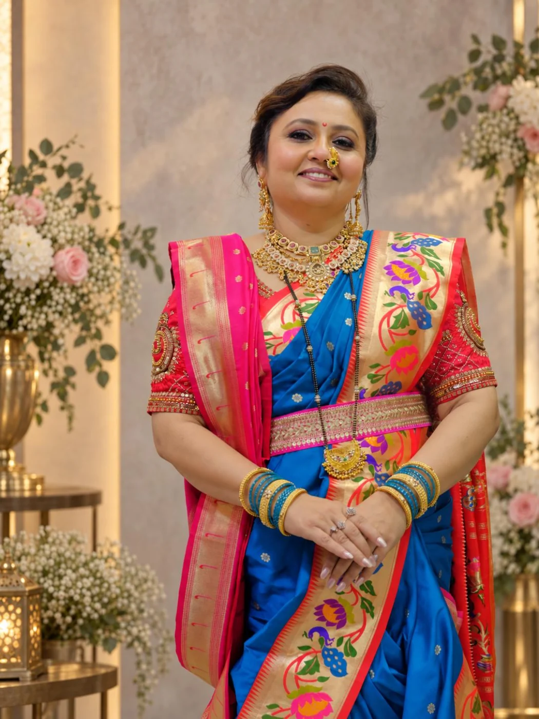 Shweta Bobde, founder and curator of Kulswamini Paithani, in a handwoven royal-blue Paithani saree