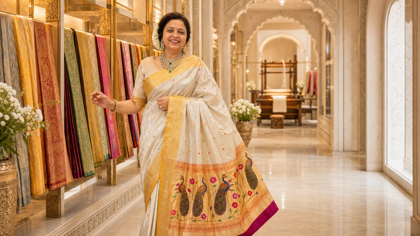 Shweta Bobde in the Kulswamini Paithani heritage gallery, surrounded by framed handwoven Paithani sarees