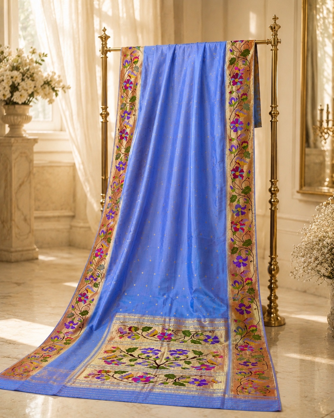 Periwinkle Blue Paithani — Floral vine border with a woven flowering-tree padar.
