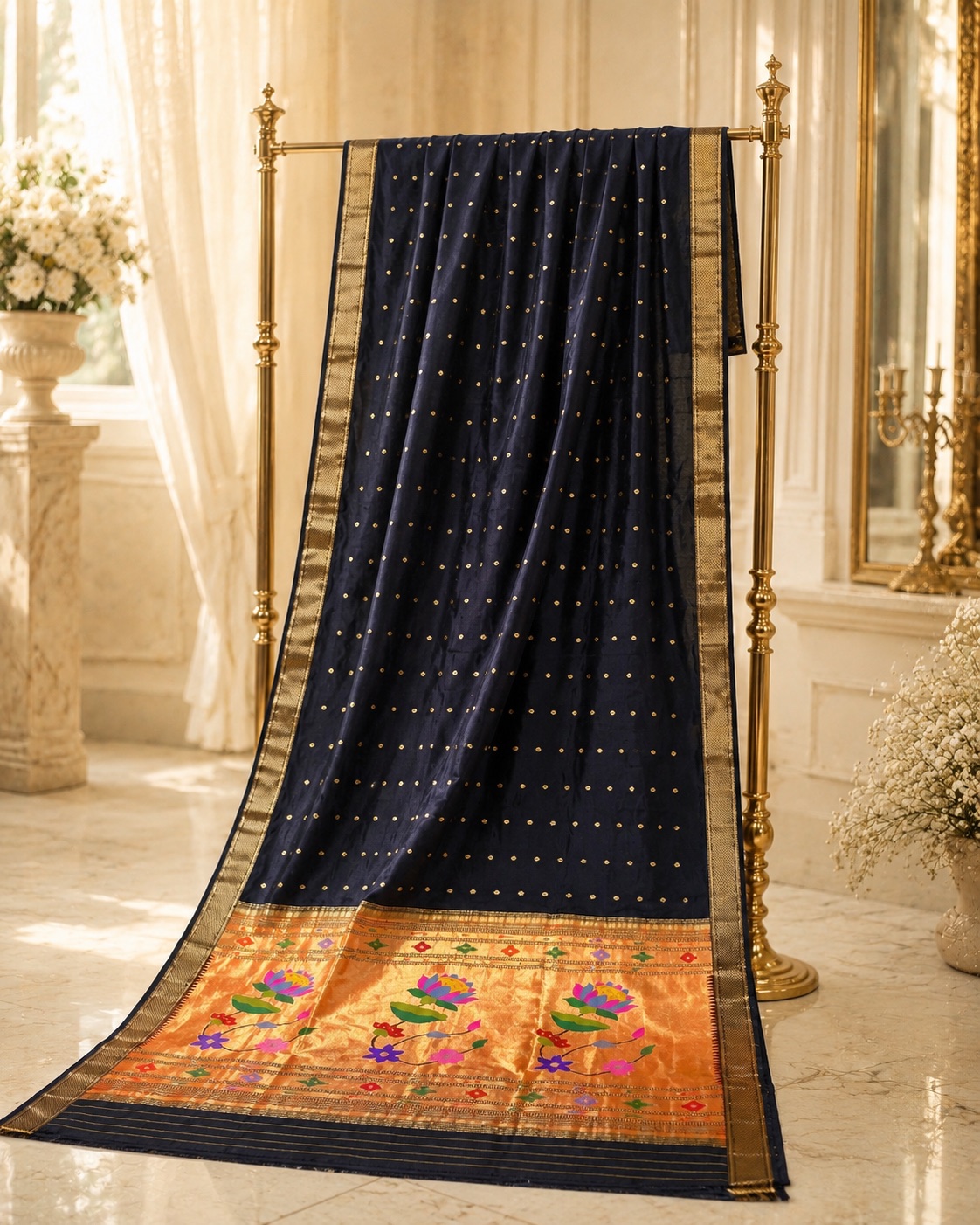 Midnight Navy Paithani — Gold buttis with a lotus padar on antique gold.