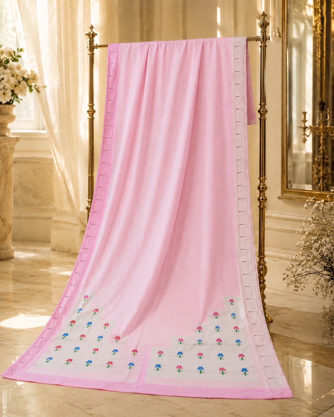 Pastel Pink Paithani — Soft pastel body with delicate lotus buttis.