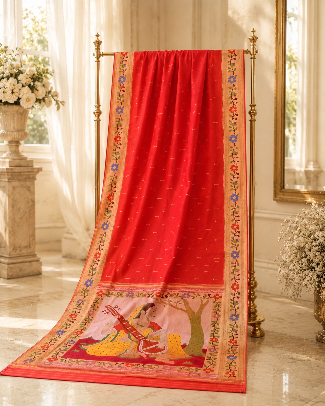 Red Heritage Paithani — Floral border with a heritage figurative padar.