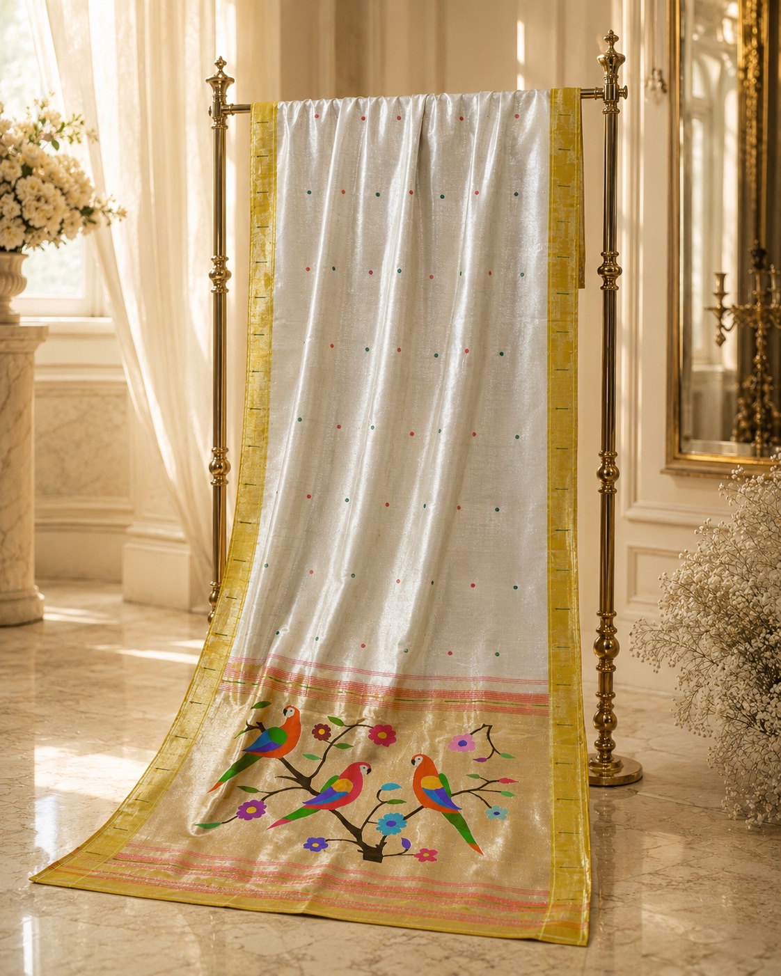 Silver Ivory Paithani — Shimmering tissue body with a parrot padar.
